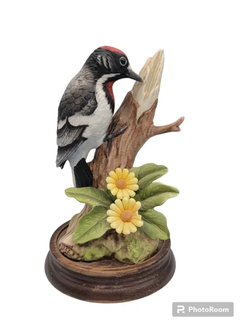 Woodpecker Bird Figurine Statue Andrea By Sadek On Wood Base Red-Headed 6" H