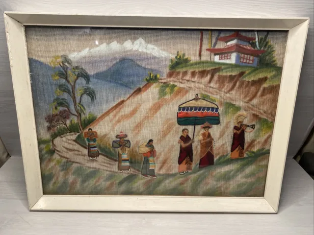 Vintage Framed Woolwork Tapestry Needlework Woven Cross stitch Asia Nepal