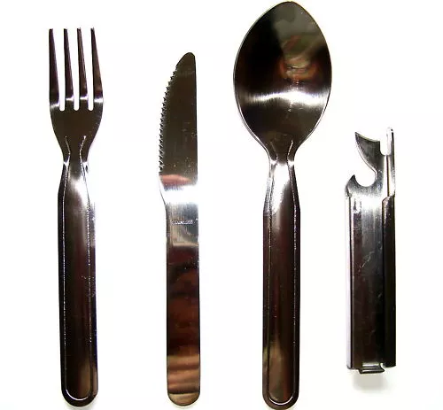 NATO SPEC KFS CUTLERY SET knife fork spoon & can opener Tough Military Army spec
