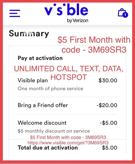 Visible Wireless (verizon) Unlimited $5 First Month Code: 3M69SR3 (no purchase)
