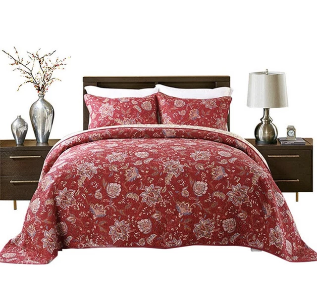 3 Pieces Quilt Comforter Sets California King Size 3 PCS, Red Flower Patchwork