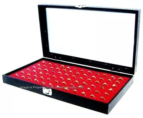 Wholesale 2 Glass Top Lid Red 72 Ring Display Portable Storage Boxes Cases