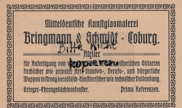 COBURG, Werbung 1920, Bringmann & Schmidt Mitteldeutsche Kunst-Glasmalerei