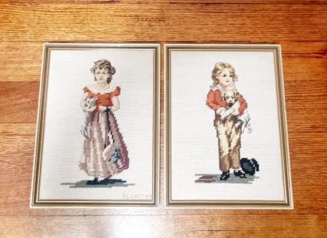 2xVINTAGE Completed framed Needle work crossstitch BOY & Puppy Girl Kitten Pics