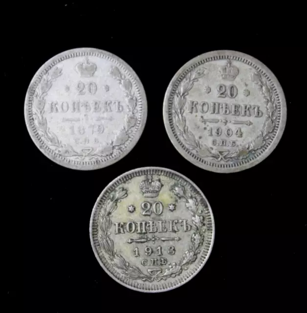 Lot (3) 20 Kopeks Russia Silver Coin 1879 1904 1913 Y# 22a.1 Foreign World Empir