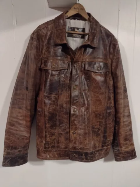 Buffalo Jackson Driggs Leather Trucker Jacket, Distressed Brown Goathide, XXL