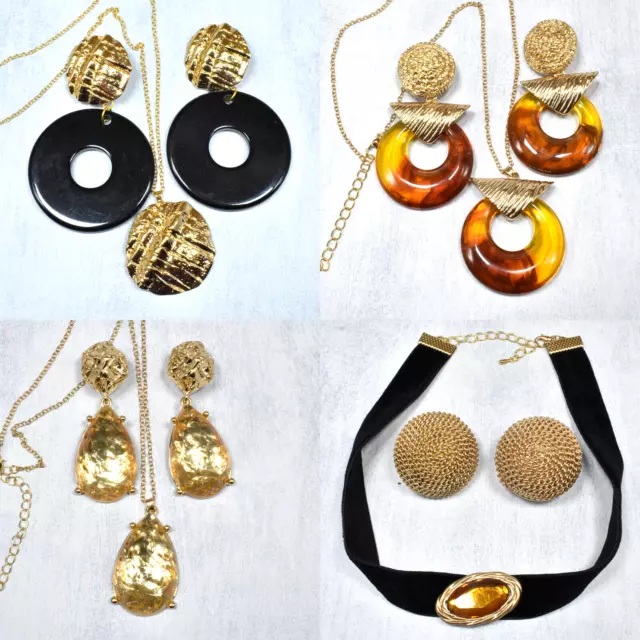 Vintage Style ZARA Jewelry Set x4 Boho Gold Amber Resin Earrings Choker Necklace