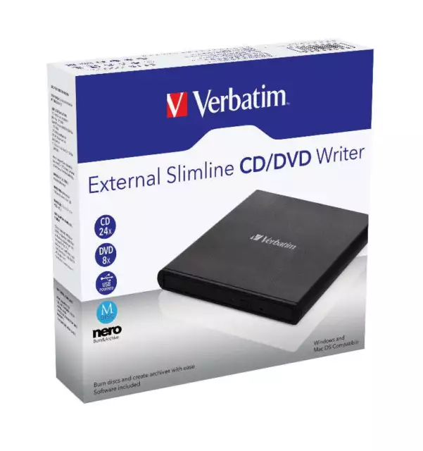 Verbatim External Slimline Mobile CD/DVD Writer USB 2.0 Black (LCH-98938)