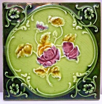 Antique Tile Majolica Art Nouveau England Rose Purple Architecture Floral #117