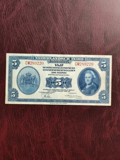 Netherlands East India 5 Gulden VF++ Banknote 1943 P113