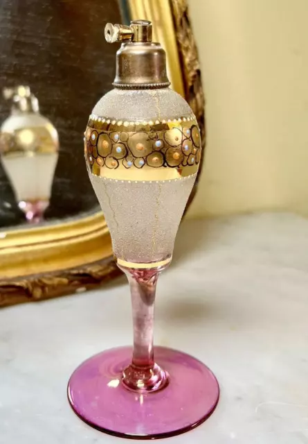 Signed Czech Deco 1920's Jewel Gold Painted Art GLass Atomizer Perfume Bottle