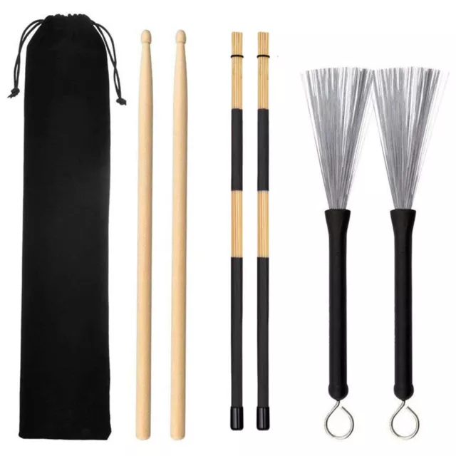 6psc/Lot Drum Sticks Wooden Drumsticks Set Steel Wire Brushes with Storage Bag