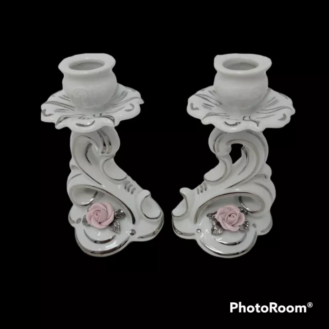 Dresden Porcelain Candle Holders White Gold Trim Applied Roses #5931 Vintage EUC 3