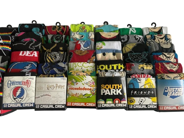 Multiple Themes, 6 Pair Casual Crew Socks, Size 8-12, NIB,Horror and Movie Theme