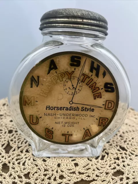 Vintage Nash's Mustard Glass Jar w/Embossed Clock Face And Original Label