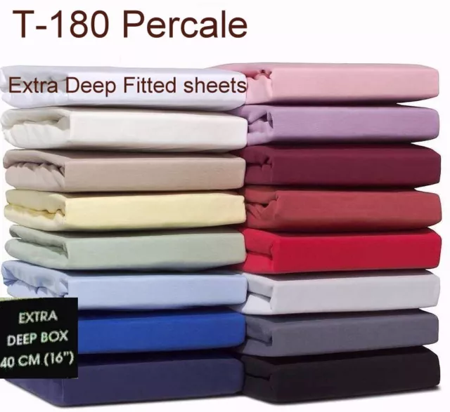 T-180 Percale 40cm/16" Polycotton Extra Deep Fitted Sheet Bed Sheets Pillowcases