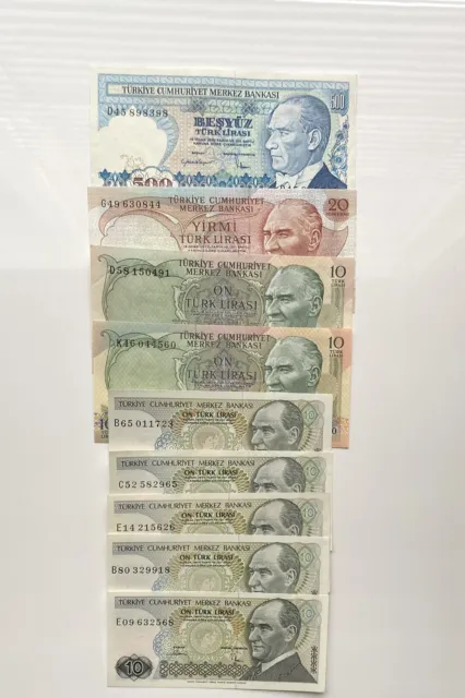 Set of Nine 10-500 Lirasi Turkiye About Uncirculated Banknote