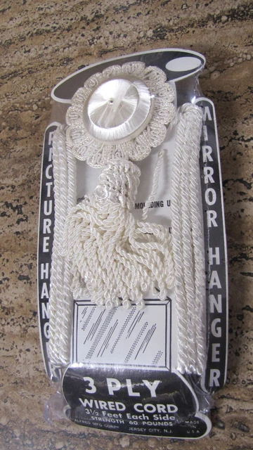 2 Nos 3 Ply Wired Cord Picture Mirror Hanger Tassle New Vintage White.