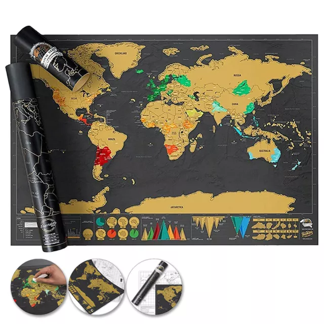 Deluxe Scratch off world Map Interactive large Poster Atlas Travel Decor Gift AU