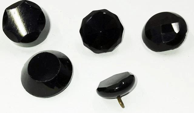 Antique Vintage Black Glass Brass Glass  Shank Victorian Mourning Buttons 5pc