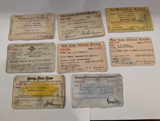 Lot Of 8 Original 1940s 50s Rail Road Ticket Passes RR Train