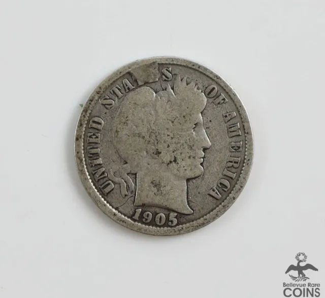 1905 US 10c Silver Coin BARBER DIME, US MINT Error Cud