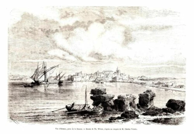GRAVURE SUR BOIS 19ème VUE OTRANTE PRES DE LA DOUANE ITALIE