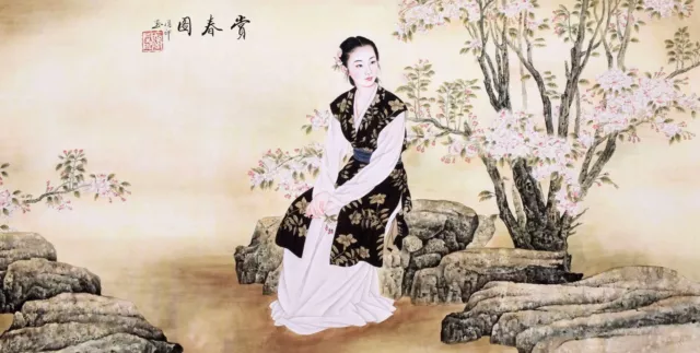 HANDPAINTED ORIENTAL ASIAN ART CHINESE FIGURE WATERCOLOR PAINTING-Beauty&flowers
