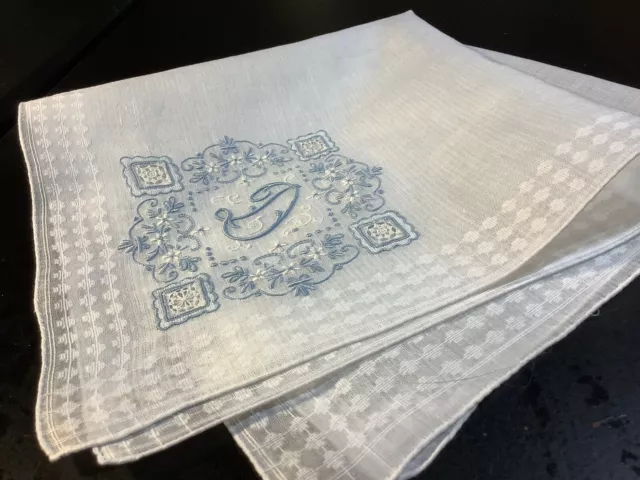 10619🌟 Magnificen Vintage Bridal BLUE Madeira Monogram “D” Wedding Handkerchief