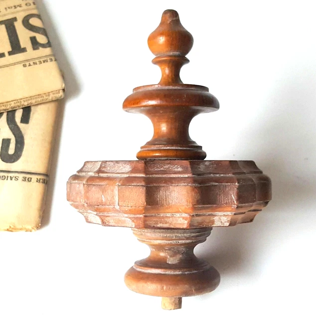 French antique turned wood post finial Salvaged Furniture for Bed Clock 5.39 in