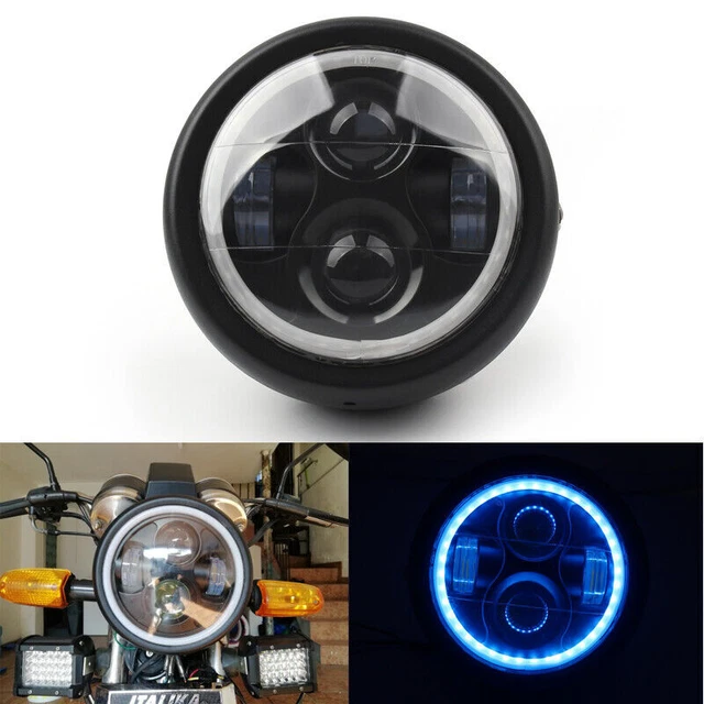 Motorcycle 6.5" Projector LED Headlight w/Blue Halo Ring Fits Cafe Racer Bobber