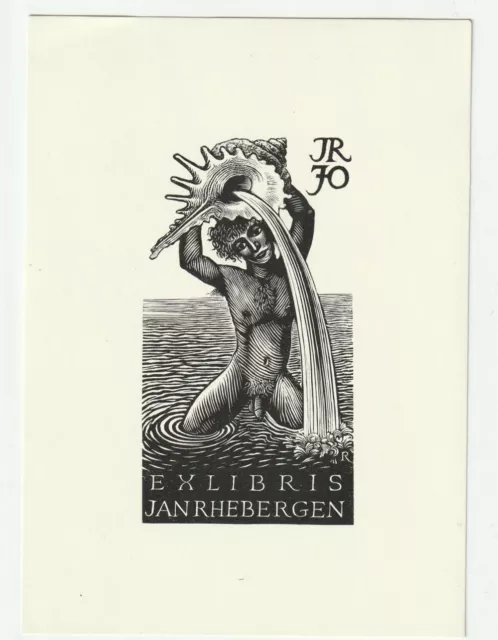PAM G. RUETER: Exlibris für Jan Rhebergern (zum 70.), männlicher Akt mit Muschel