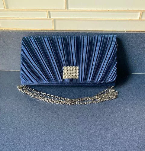 Jessica McClintock Blue Satin Pleated Flap with Rhinestone Evening Purse