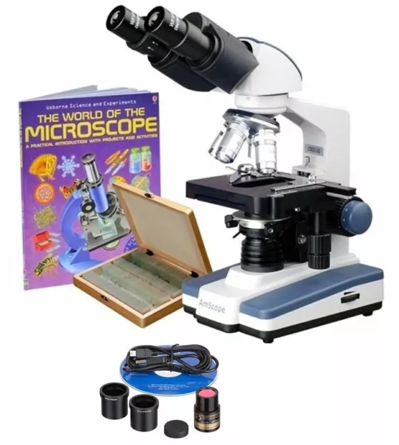 Amscope 40X-2000X Binocular LED Compound Microscope+Camera+Book+Prepared Slides