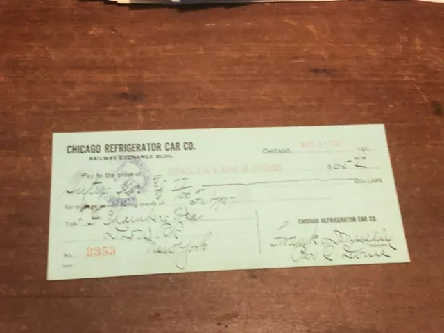 1907 Chicago IL Railroad Bank Check Chicago Refrigerator Car Co Railway Exchange