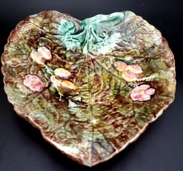 Antique Majolica Heart Shaped Strawberry Plate/Dish