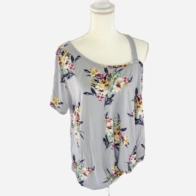 Twenty Second Knot Front Women's L Gray Floral One Open Cold Shoulder Top Blouse