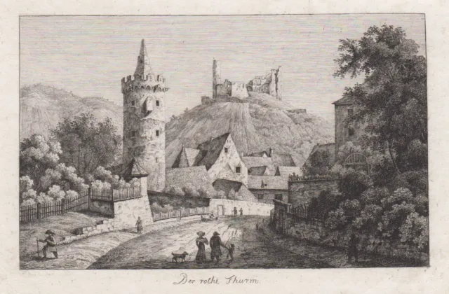 Weinheim Bergstr. Roter Turm Original Kupferstich 1820