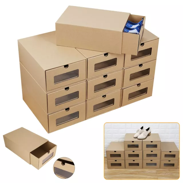 10x Foldable Cardboard Shoe Boxes Organiser Drawer Stackable Storage Transparent