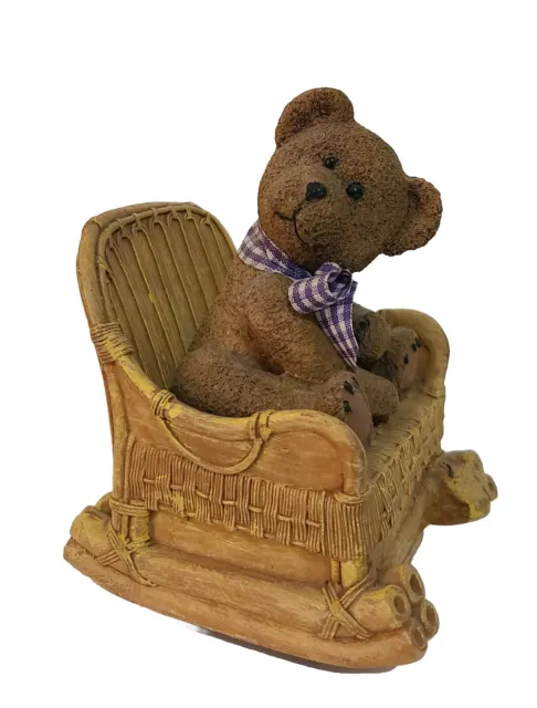 Vintage Wind Up Music Box Teddy Bear In Rocking Chair Purple/Blue Checkered Bow