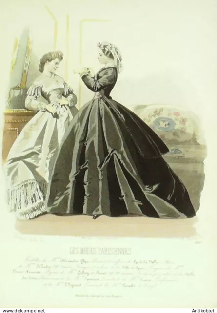 Gravure Modes parisiennes 1864 n°1092 Toilettes velours et tissu brodé