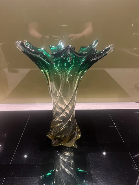 Sublime Murano Art Glass Vase Flávio Poli 2 Tone Yellow Emerald Green 10.5” 60s