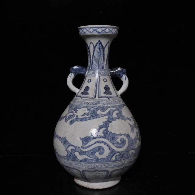 13.6" Old yuan dynasty Porcelain Blue white Phoenix Kylin beast double ear vase