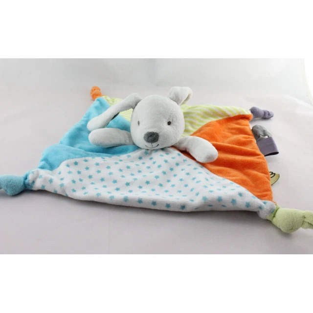 Doudou plat lapin bleu orange vert étoiles OBAIBI - 15515