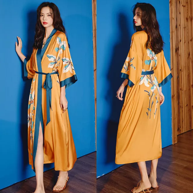 Women Chinese Print Long Robe Satin Silk Bathrobe Sleepwear Night Gown Dress
