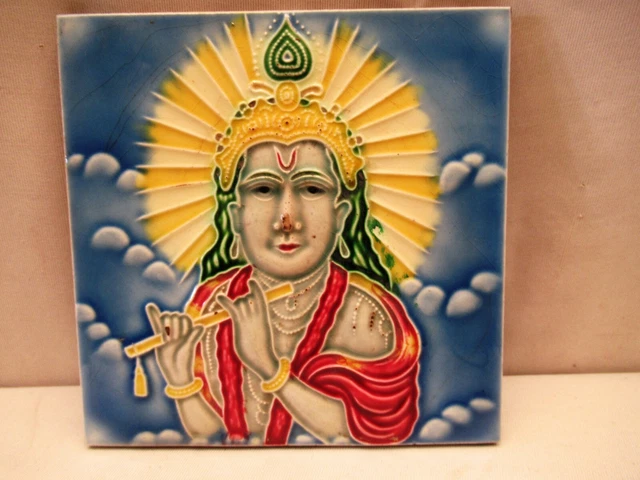 Antique Tile Art Nouveau Lord Krishna Playing Fluit Hindu Mythology Decorativ*90