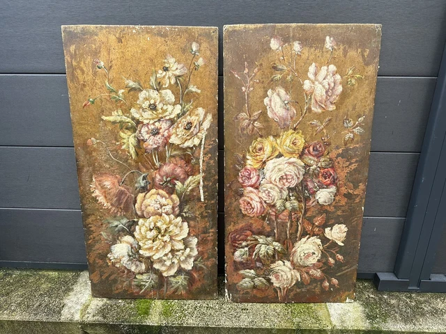 Lot de deux tableaux peinture sur bois fleurs bouquet XIXe XVIIe ? a identifier