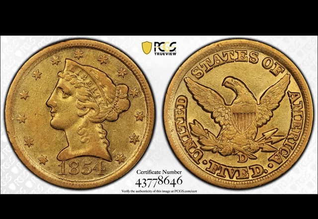 1854 D ⭐️Large D ⭐️$5 Gold Half Eagle PCGS AU53🎖Dahlonega