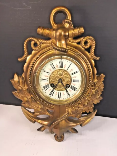 Ant Japy Freres Gilt Bronze Nautical Themed Wall Clock Movement Porcelain Face