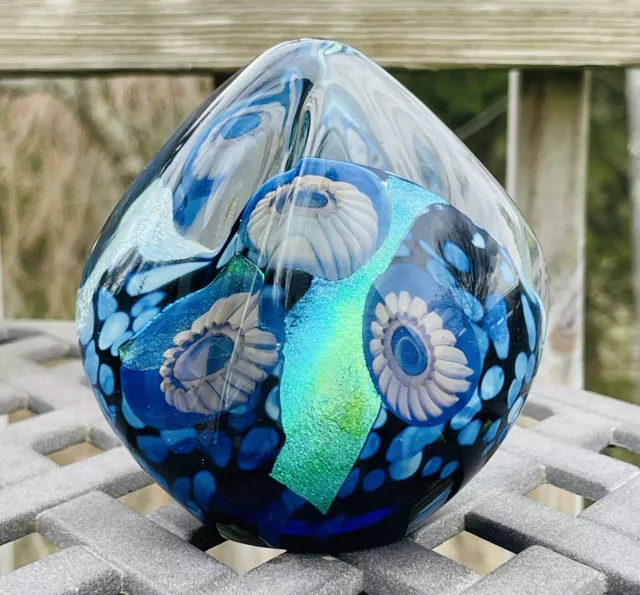 Robert Eickholt Art Glass Blue Green Dichroic Paperweight Signed 2008 5.5”